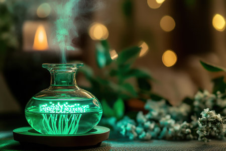 A decorative glass container holds glowing green liquid and emits smoke, set on a table with flowers and soft lighting.の写真素材