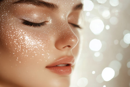 A woman enjoys a moment of tranquility, her face adorned with sparkling glitter under soft lighting.の写真素材