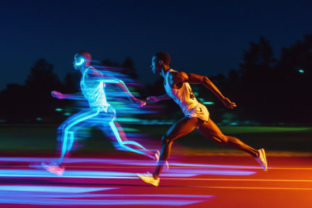 Two athletes sprint on a track, one illuminated with neon light effects, showing speed and energy.の写真素材