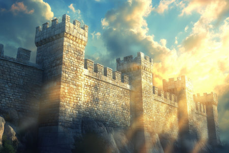 The strong walls of a stone castle rise against a dramatic sky, illuminated by the warm colors of sunset.の写真素材
