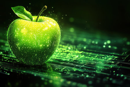 A vibrant green apple stands out against a glowing circuit board, surrounded by sparkling digital effects.の写真素材