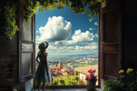 A girl stands by an open window, admiring the breathtaking view of rolling hills under a cloudy sky.の写真素材