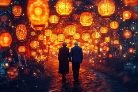 A couple walks hand in hand through a vibrant tunnel illuminated by countless lanterns at night.の写真素材