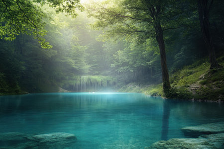 A serene lake surrounded by trees, reflecting morning light and shrouded in mist creates a peaceful atmosphere.の写真素材