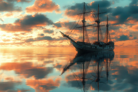 A historic sailing ship floats serenely on smooth water at sunset, reflecting vibrant colors in the sky.の写真素材
