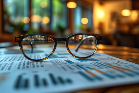 Glasses are placed on a financial report, showcasing charts and data in a warm cafÃ© atmosphere.の写真素材