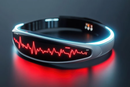 A modern wearable device shows heart rate data with vibrant red and blue lights in a futuristic style.の写真素材