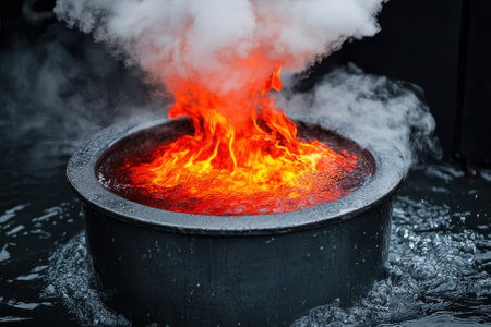 A black bowl simulates a volcanic eruption with bright orange lava and white steam rising dramatically.の写真素材