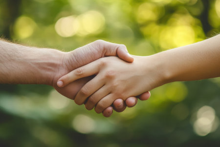 A handshake occurs between two individuals in a vibrant outdoor setting filled with greenery.の写真素材