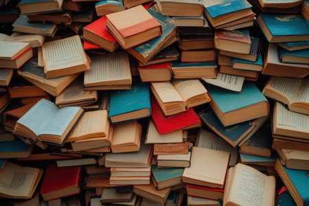 A chaotic stack of colorful books offers a treasure trove of stories and knowledge.の写真素材