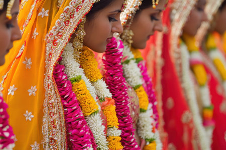 Groups of brides in colorful attire showcase intricate designs and floral decorations during a ceremony.の写真素材