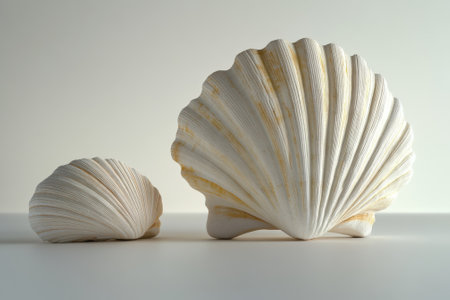 Two white seashells, one large and one small, sit on a smooth surface illuminated by soft natural light.の写真素材