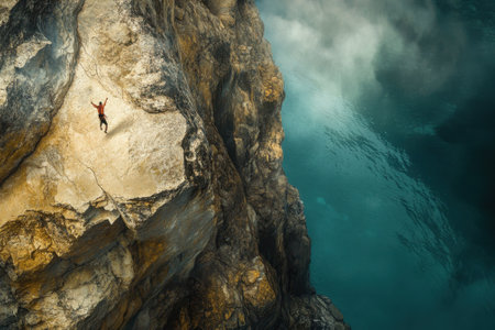 A climber enjoys the breathtaking view from a high cliff edge over a serene turquoise ocean while surrounded by mist.の写真素材