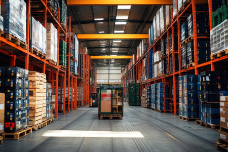 Rows of pallets filled with various goods create a well-organized storage area in a large warehouse.の写真素材