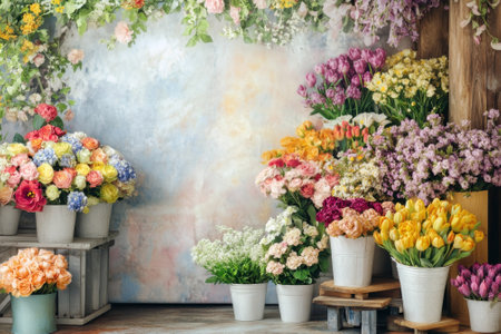 A vibrant arrangement of flowers in pots showcases an array of colors and types in a flower shop.の写真素材