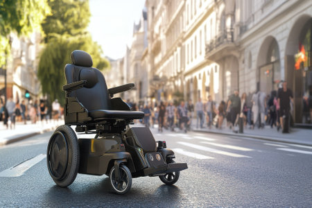 A black electric wheelchair is parked on the crosswalk of a busy city street bustling with pedestrians.の写真素材