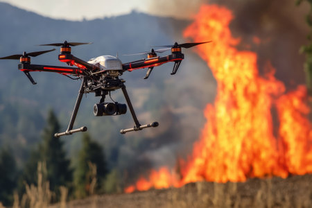 A drone surveys an intense wildfire burning through a forest, providing crucial data for firefighting efforts.の写真素材