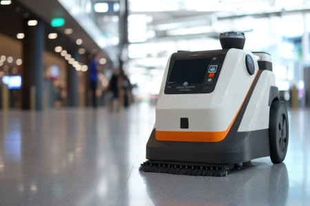 A cleaning robot glides smoothly across a shiny floor, demonstrating automation in a modern space.の写真素材