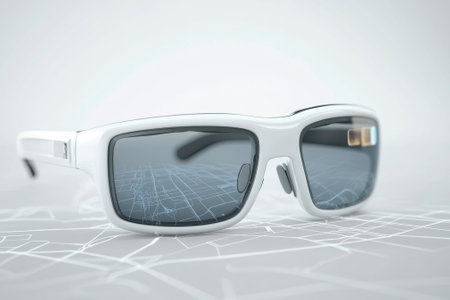 These white sunglasses feature a sleek design, showcasing their reflective lenses against a geometric backdrop.の写真素材