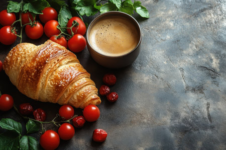 A warm croissant sits next to vibrant tomatoes and a cup of coffee on a rustic table in the morning.の写真素材
