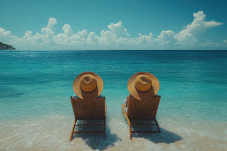 Friends sit on beach chairs, soaking up the sun and admiring the beautiful ocean view.の写真素材