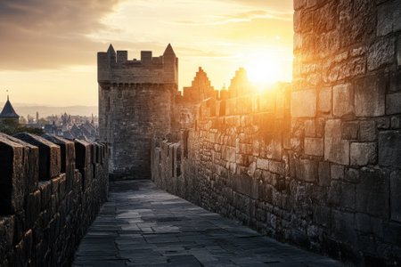 The golden sunlight illuminates the ancient stone walls of a castle, enhancing the serene cityscape at dusk.の写真素材