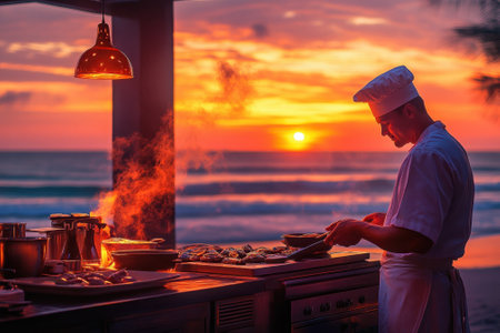 Chef skillfully grills a variety of dishes as the sun sets, creating a stunning backdrop of vibrant colors.の写真素材