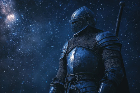 An armored knight stands under a star-filled sky, contemplating the vastness of the universe at night.の写真素材