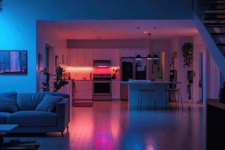 A contemporary kitchen features vibrant neon lighting creating a cozy atmosphere in the evening.の写真素材