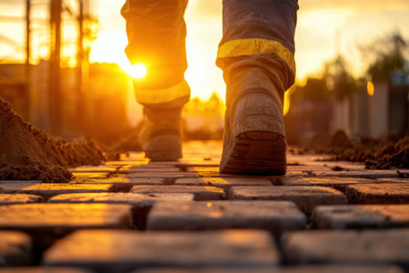 A construction worker walks along a cobblestone path as the sun sets, highlighting the hard work of the day.の写真素材