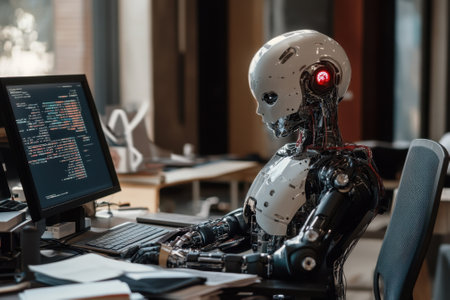 A humanoid robot analyzes code on a computer in a contemporary office environment.の写真素材