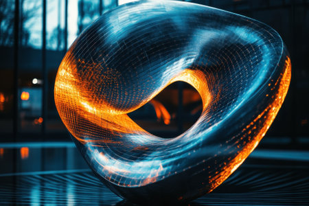 A futuristic sculpture glows with vibrant light in an urban plaza during the evening, captivating onlookers.の写真素材