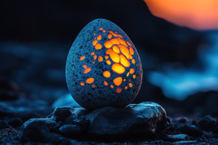 A unique stone egg emits a warm glow against a tranquil beach backdrop during sunset.の写真素材