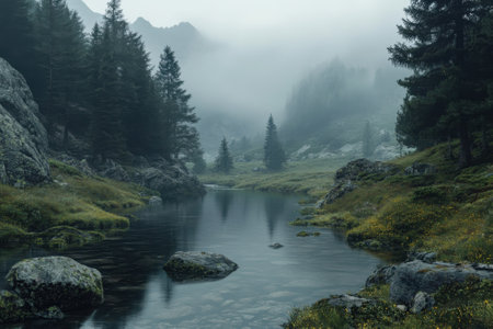 A tranquil river flows through a misty mountain valley surrounded by tall trees and rocky formations.の写真素材