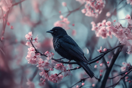 A black bird rests on a cherry blossom branch surrounded by delicate pink flowers in spring.の写真素材