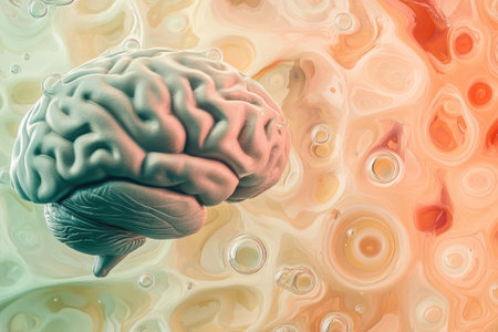 This artwork features a detailed brain against a colorful, abstract background depicting neural patterns.の写真素材