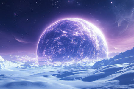 A stunning purple planet looms above a vast snowy terrain, illuminated by cosmic light, creating an ethereal atmosphere.の写真素材