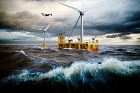 An offshore wind energy platform operates amid turbulent waves and stormy skies, showcasing technology.の写真素材