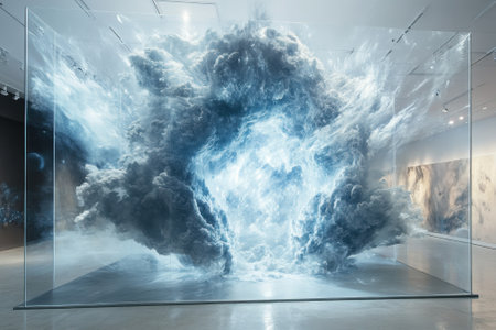 A large, intricate installation mimics a turbulent cloud formation, captivating visitors in a contemporary art space.の写真素材