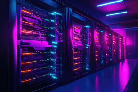 High-tech data center features illuminated servers with vibrant blue and pink lights in a sleek environment.の写真素材