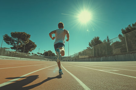 Young athlete runs swiftly on a track, enjoying clear weather and bright sunlight during training.の写真素材
