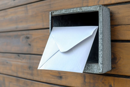 A white envelope partially emerges from a silver mailbox mounted on a rustic wooden surface.の写真素材