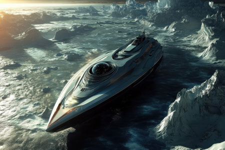 A sleek yacht navigates through icy waters, appearing futuristic against a backdrop of glaciers and a vibrant sunset.の写真素材