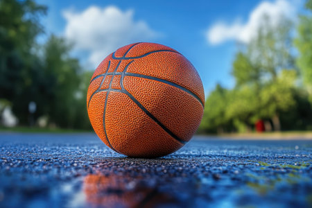 A basketball sits on a glistening wet surface, surrounded by greenery on a sunny day.の写真素材