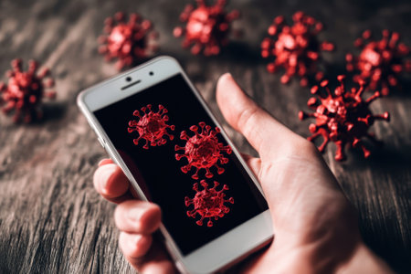 A person holds a smartphone showing animated images of virus particles against a wooden background.の写真素材