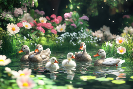 A serene pond hosts ducks and their fluffy ducklings gliding through the water amidst colorful flowers.の写真素材