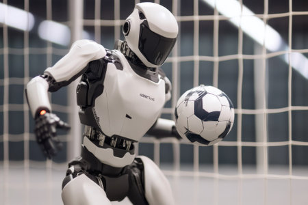 A robot goalie skillfully blocks a soccer ball during a training session in a modern indoor arena.の写真素材