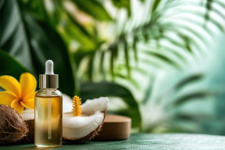 A clear glass dropper bottle sits next to coconut and flower, emphasizing organic beauty and relaxation.の写真素材