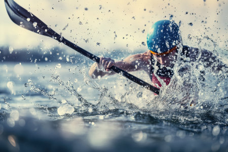 A kayaker navigates rapidly through choppy waters, creating splashes under a clear sky.の写真素材