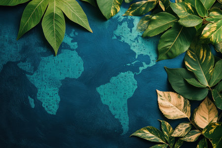 Green leaves surround a teal background featuring a stylized world map design, creating a fresh atmosphere.の写真素材